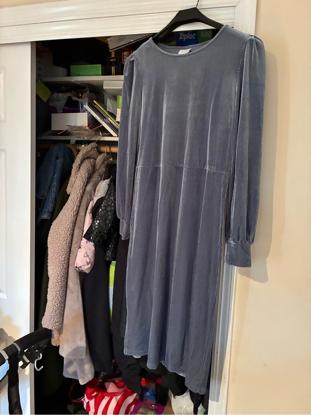 VILA Powder Blue Velvet Long Sleeve Midi Dress